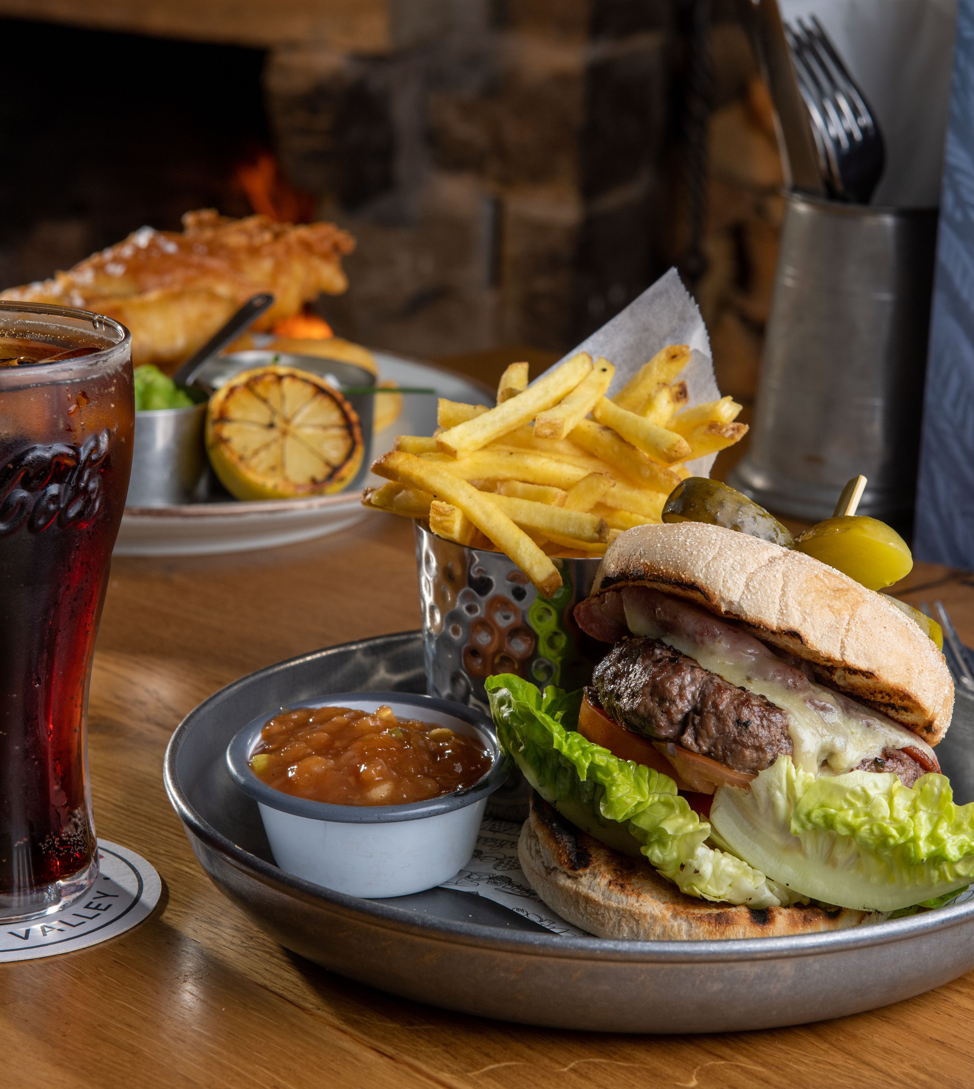 Cheese burger and fries with pint of coke