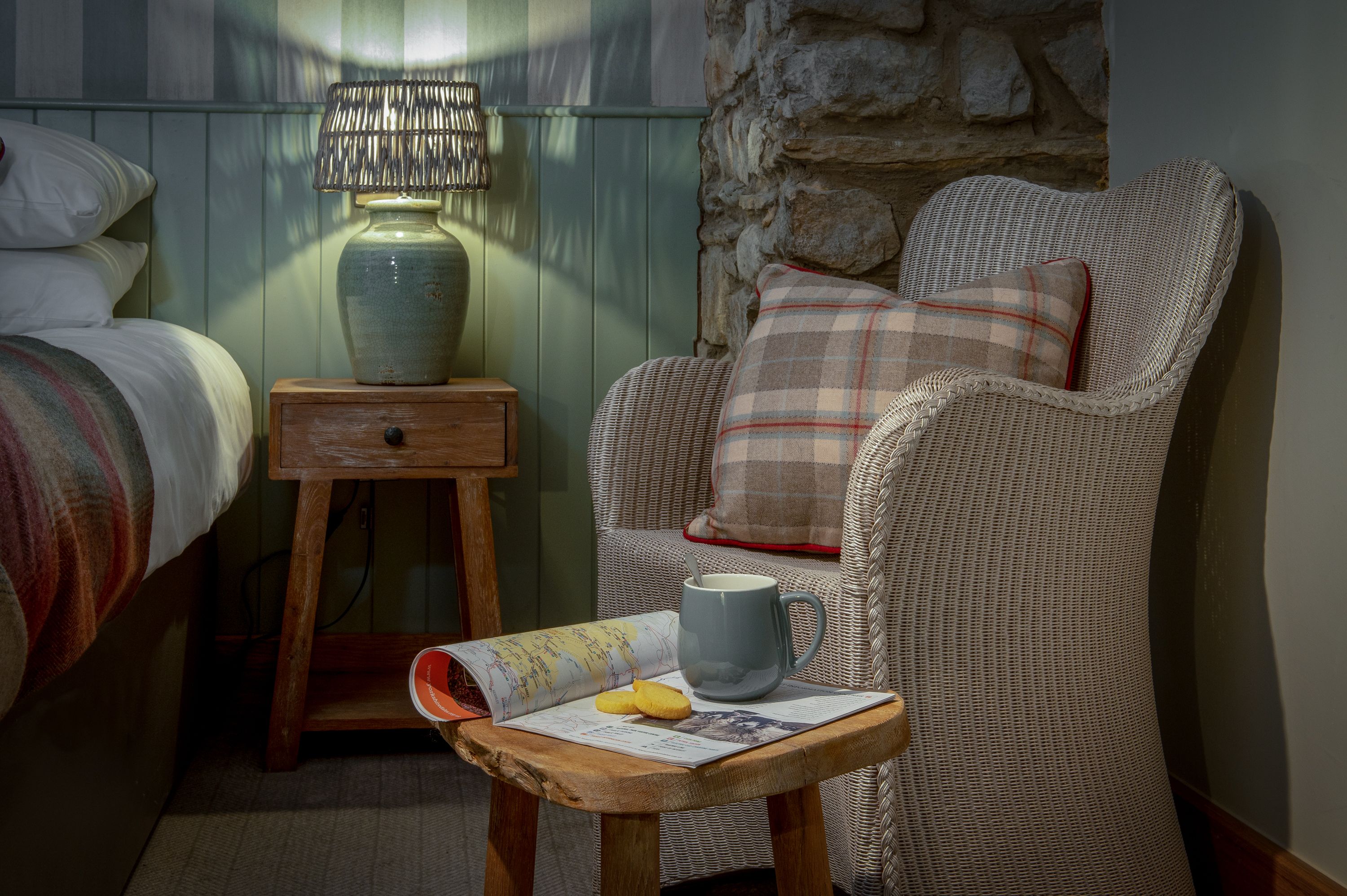 armchair with magazine and coffee