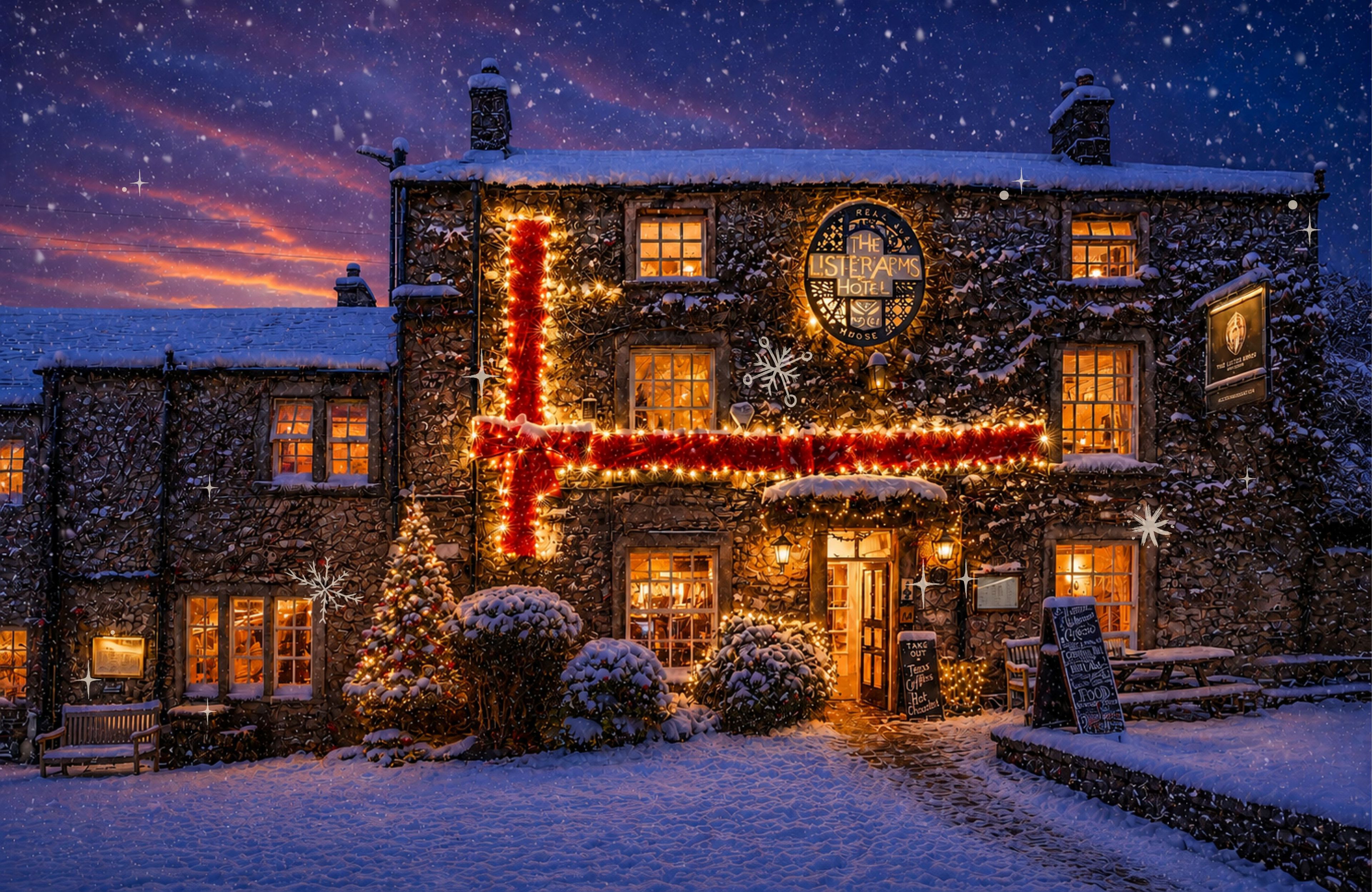 snow scene at The Lister Arms