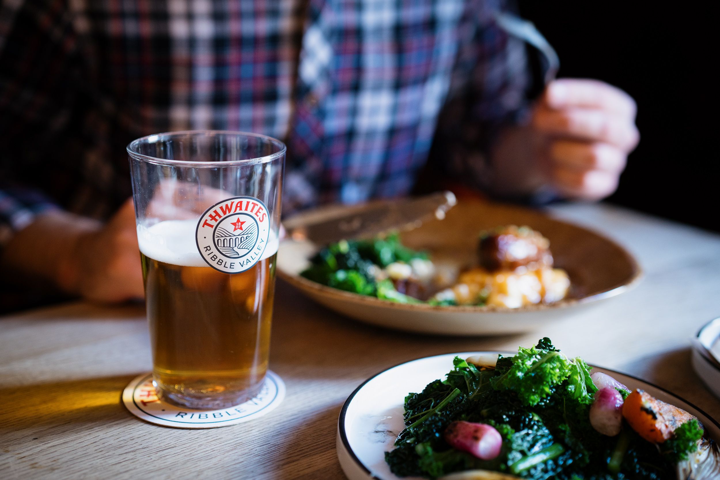 sausage and mash, salad and a pint of thwaites ale